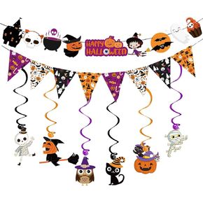 2024 Halloween Banner Party Decoration（Pre-Assembled）Cute Halloween Garland Bunting Banner Triangle Flag with Foil Swirl Ceiling Hanging Cards, Pumpkin Ghost Witches Bat Spider Skull Sticker