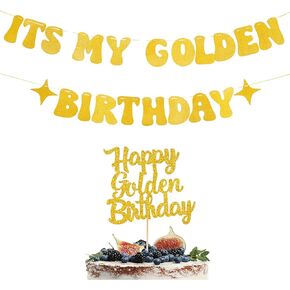 It's My Golden Birthday Banner and Happy Golden Birthday Cake Topper, Gold Glitter Happy Golden Birthday Party Decoration Banner and Cake Decoration
