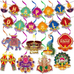 Happy Diwali Banner Diwali Decorations with Hanging Swirls Indian Festival Diwali Themed Deepavali Party Supplies Diwali Rangoli Diya Hanging Decorations for Happy Festival of Lights Decorations