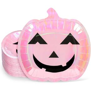 40Pcs Halloween Paper Plates Pink Foil Holographic Pumpkin Shape Disposable Plates 9 Inch Iridescent Tableware for Birthday Holiday Party Decor Supplies