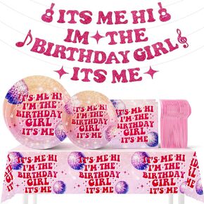 98PCS It'S Me Hi Im The Birthday Girl It'S Me Tableware Set, Music Singer Themed Party Decoration Including Plates, Tissues, Forks, Tablecloths, Banners, Service for 24 Guests