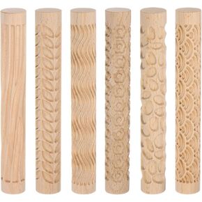 HARFINGTON 6pcs Wood Clay Roller Pattern Modeling 5.9 Inch Beech Wood Hand Rollers Wooden Pottery Tools Wood Grain Texture Rollers for Clay Baking Playdough DIY