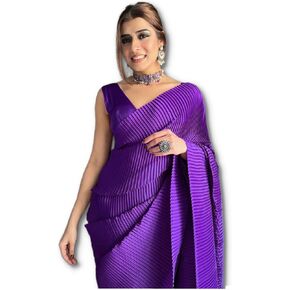 Women's Full Crushed/Pleated Satin Saree With Unstitched Blouse Piece