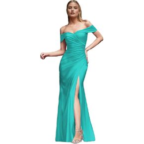Women's Off Shoulder Mermaid Prom Dresses Satin Formal Evening Party Gowns Ruched Slit Bridesmaid Dresses