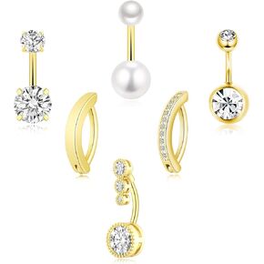 6Pcs Belly Button Rings Stainless Steel Silver Gold Plated Belly Rings Pearl Heart CZ Belly Button Piercing Navel Piercing Jewelry for Women