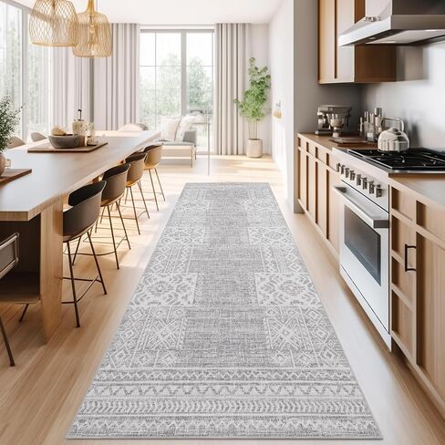 jinchan boho المطبخ عداء البساط 3x8 خمر البساط المدخل البساط قابل للغسل البساط الهندسي عداء غير زلة القبلية رقيقة البساط مزرعة السجاد عداء لغرفة النوم الحمام غرفة الغسيل غرفة المعيشة رمادي عاجي in Kuwait