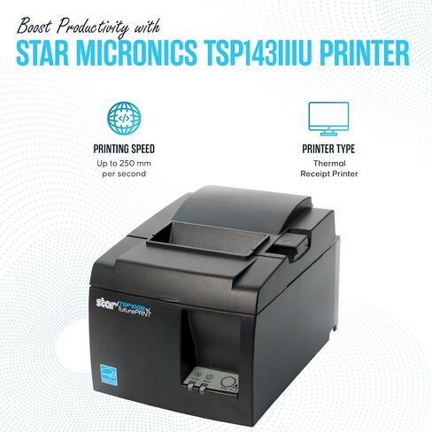 TSP143IIIU USB ONLY - NOT Bluetooth - Star Micronics Thermal Receipt Printer Bundle - 1 Year Warranty - with USB 2.0 Cable, Universal Power Cord and Microfiber Cleaning Cloth - TSP100iii-USB (Renewed) in Saudi Arabia