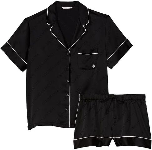 Victoria's Secret Satin Pajama Set, Short Sleeve Button Down & Shorts Set, Sleepwear for Women, Black (M) in Saudi Arabia