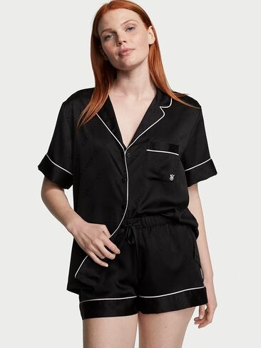 Victoria's Secret Satin Pajama Set, Short Sleeve Button Down & Shorts Set, Sleepwear for Women, Black (M) in Saudi Arabia