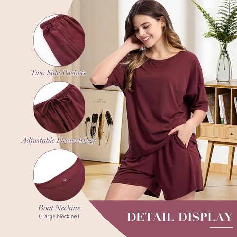 BAMBOO COOL Women's Pajama Sets 2-piece Sleepwear Lounge Sleep Set Soft Short Sleeve Tops and Shorts with Pockets in Saudi Arabia