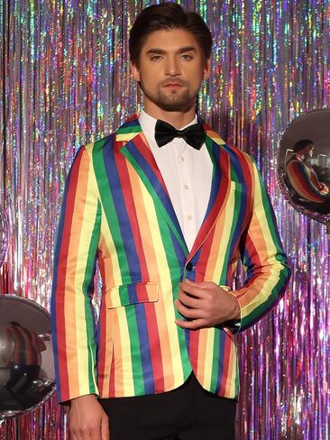 Lars Amadeus Rainbow Striped Suit Jacket for Men's Notch Lapel Prom Party Blazer Sports Coat in Saudi Arabia