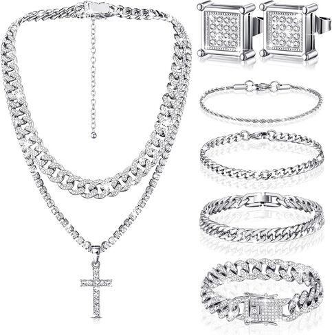 Yinkin 6 Pcs Hip Hop Jewelry Set for Men Rhinestone Link Chain Bracelet Earrings Tennis Diamond Jewelry Set for Men Gift in Saudi Arabia