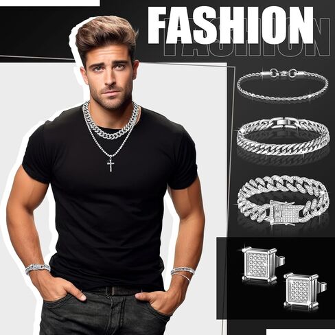 Yinkin 6 Pcs Hip Hop Jewelry Set for Men Rhinestone Link Chain Bracelet Earrings Tennis Diamond Jewelry Set for Men Gift in Saudi Arabia