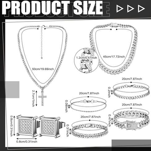 Yinkin 6 Pcs Hip Hop Jewelry Set for Men Rhinestone Link Chain Bracelet Earrings Tennis Diamond Jewelry Set for Men Gift in Saudi Arabia