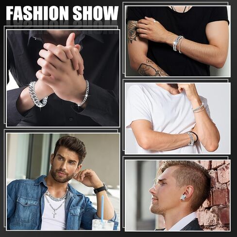 Yinkin 6 Pcs Hip Hop Jewelry Set for Men Rhinestone Link Chain Bracelet Earrings Tennis Diamond Jewelry Set for Men Gift in Saudi Arabia