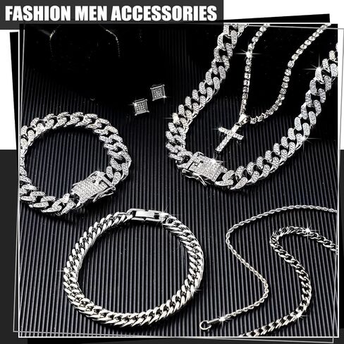 Yinkin 6 Pcs Hip Hop Jewelry Set for Men Rhinestone Link Chain Bracelet Earrings Tennis Diamond Jewelry Set for Men Gift in Saudi Arabia