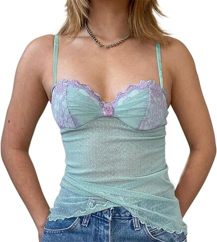 Sup-Coente Y2K Lace Crop Top Tank Women Fairy Blue Asymmetrical Sheer Mesh Cute in Saudi Arabia