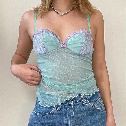 Sup-Coente Y2K Lace Crop Top Tank Women Fairy Blue Asymmetrical Sheer Mesh Cute in Saudi Arabia