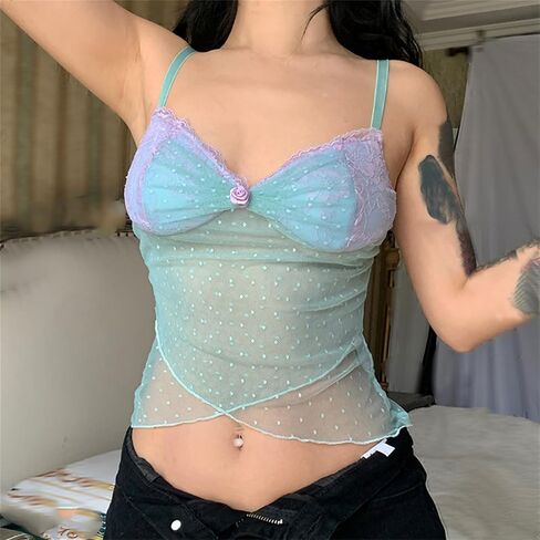 Sup-Coente Y2K Lace Crop Top Tank Women Fairy Blue Asymmetrical Sheer Mesh Cute in Saudi Arabia