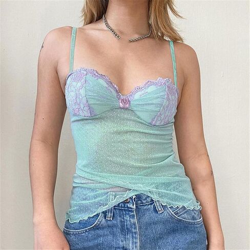 Sup-Coente Y2K Lace Crop Top Tank Women Fairy Blue Asymmetrical Sheer Mesh Cute in Saudi Arabia