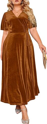 BerryGo Women's Plus Size Velvet Maxi Dress Formal Wedding Guest Long Dress V Neck High Waist Side Slit A Line Dress in Kuwait