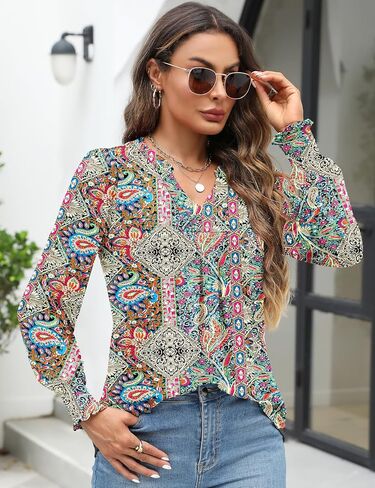 Womens V Neck Long Sleeve Blouses Tops 2024 Fall Fashion Ruffle Cuffs Dressy Casual T-Shirts in Saudi Arabia