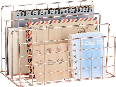 3 Slot Metal Desk Mail Organizer, Mesh Small Large File Magazine Book Record Holders Letter Organizer, Bill/Document/Filing/Folders/Paper Organizer for Desktop (Gold-Large) in Saudi Arabia