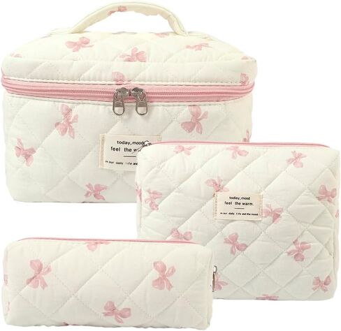 Makeup Bag, 3 PCS Quilted Makeup Bag, Cute Floral Cotton Cosmetic Bag set, Coquette Makeup Pouch Large Travel Toiletry Bag in Saudi Arabia