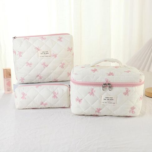 Makeup Bag, 3 PCS Quilted Makeup Bag, Cute Floral Cotton Cosmetic Bag set, Coquette Makeup Pouch Large Travel Toiletry Bag in Saudi Arabia