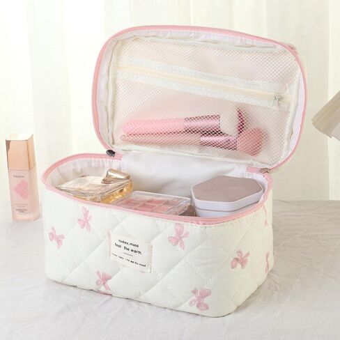 Makeup Bag, 3 PCS Quilted Makeup Bag, Cute Floral Cotton Cosmetic Bag set, Coquette Makeup Pouch Large Travel Toiletry Bag in Saudi Arabia