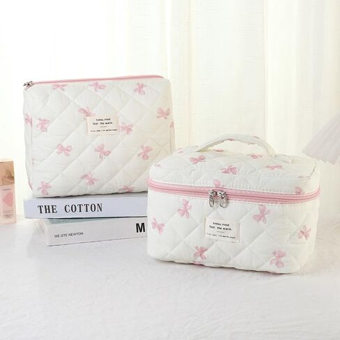 Makeup Bag, 3 PCS Quilted Makeup Bag, Cute Floral Cotton Cosmetic Bag set, Coquette Makeup Pouch Large Travel Toiletry Bag in Saudi Arabia