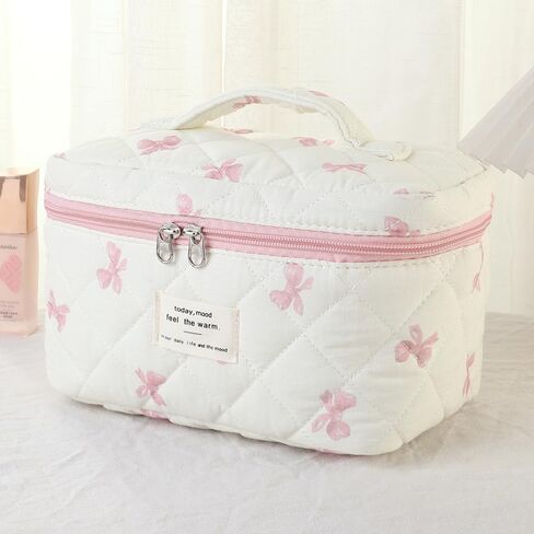 Makeup Bag, 3 PCS Quilted Makeup Bag, Cute Floral Cotton Cosmetic Bag set, Coquette Makeup Pouch Large Travel Toiletry Bag in Saudi Arabia