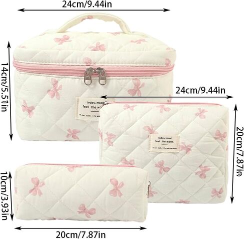 Makeup Bag, 3 PCS Quilted Makeup Bag, Cute Floral Cotton Cosmetic Bag set, Coquette Makeup Pouch Large Travel Toiletry Bag in Saudi Arabia