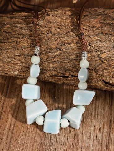 MINACHI Hippie Boho White Blue Ceramic Bead Strand Necklace, Bohemian Beach Summer Ocean Jewelry Gift for Women in Saudi Arabia