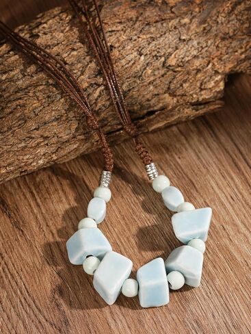 MINACHI Hippie Boho White Blue Ceramic Bead Strand Necklace, Bohemian Beach Summer Ocean Jewelry Gift for Women in Saudi Arabia