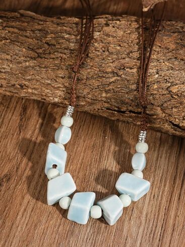 MINACHI Hippie Boho White Blue Ceramic Bead Strand Necklace, Bohemian Beach Summer Ocean Jewelry Gift for Women in Saudi Arabia