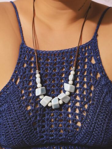 MINACHI Hippie Boho White Blue Ceramic Bead Strand Necklace, Bohemian Beach Summer Ocean Jewelry Gift for Women in Saudi Arabia