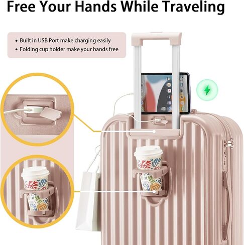 24in Hardside Luggage with Spinner Wheels and Built-in TSA Lock Durable Suitcase Rolling Luggage with USB Port Cup Holder (White) in Saudi Arabia