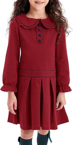 Haloumoning Girls Long Sleeve Dress Kids Fall Peter Pan Collar Uniform Dresses 5-14 Years in Saudi Arabia