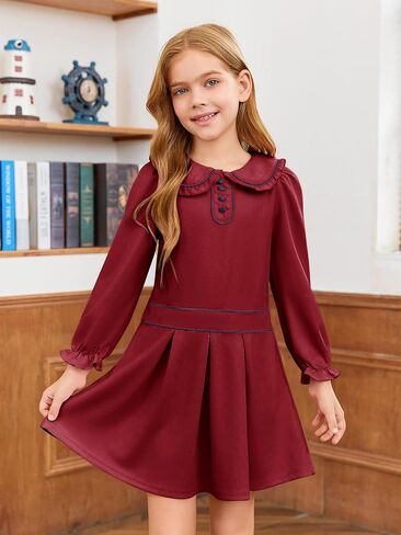 Haloumoning Girls Long Sleeve Dress Kids Fall Peter Pan Collar Uniform Dresses 5-14 Years in Saudi Arabia