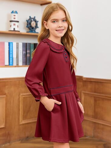 Haloumoning Girls Long Sleeve Dress Kids Fall Peter Pan Collar Uniform Dresses 5-14 Years in Saudi Arabia