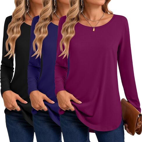 3 Pack Women's Long Sleeve T Shirts, Crewneck Side Split Tops, Round Hem Pullover Shirts, Loose Casual Tunic Tops in Saudi Arabia