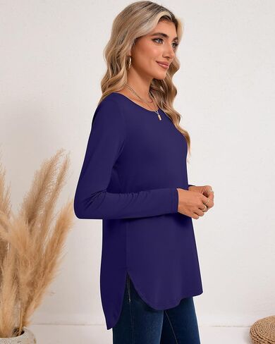 3 Pack Women's Long Sleeve T Shirts, Crewneck Side Split Tops, Round Hem Pullover Shirts, Loose Casual Tunic Tops in Saudi Arabia