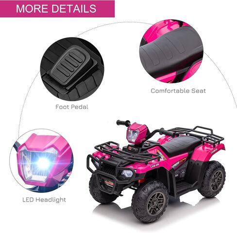 Aosom 12V Ride on ATV للأطفال، عربة أطفال كهربائية ذات 4 عجلات مع مصباح أمامي، موسيقى، MP3، إطارات مداس، رباعية للأطفال تعمل بالبطارية للأطفال الصغار، وردي in Kuwait