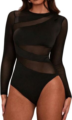 Milumia Women's Contrast Mesh Long Sleeve Bodysuit Cut Out See Through Leotard Shirt Top in Saudi Arabia