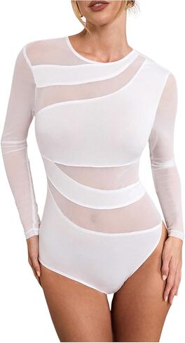 Milumia Women's Contrast Mesh Long Sleeve Bodysuit Cut Out See Through Leotard Shirt Top in Saudi Arabia