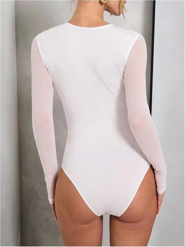 Milumia Women's Contrast Mesh Long Sleeve Bodysuit Cut Out See Through Leotard Shirt Top in Saudi Arabia