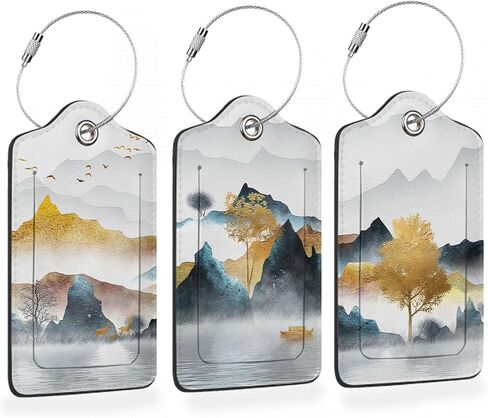 3 Pcs Luggage Tag for Suitcases,Mountain and Tree Sunset Landscape Leather Baggage Tags Identifiers for Travel,Privacy Protection Travel Bag Labels Suitcase Tags for Women Men in Kuwait