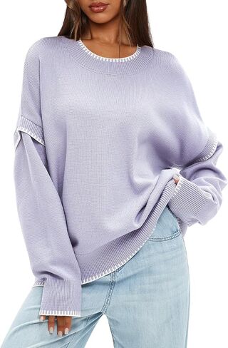 سترة نسائية عادية بأكمام طويلة ورقبة دائرية من Darong موضة خريف 2024 سترة فضفاضة متماسكة بألوان متباينة in Kuwait