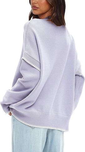 سترة نسائية عادية بأكمام طويلة ورقبة دائرية من Darong موضة خريف 2024 سترة فضفاضة متماسكة بألوان متباينة in Kuwait